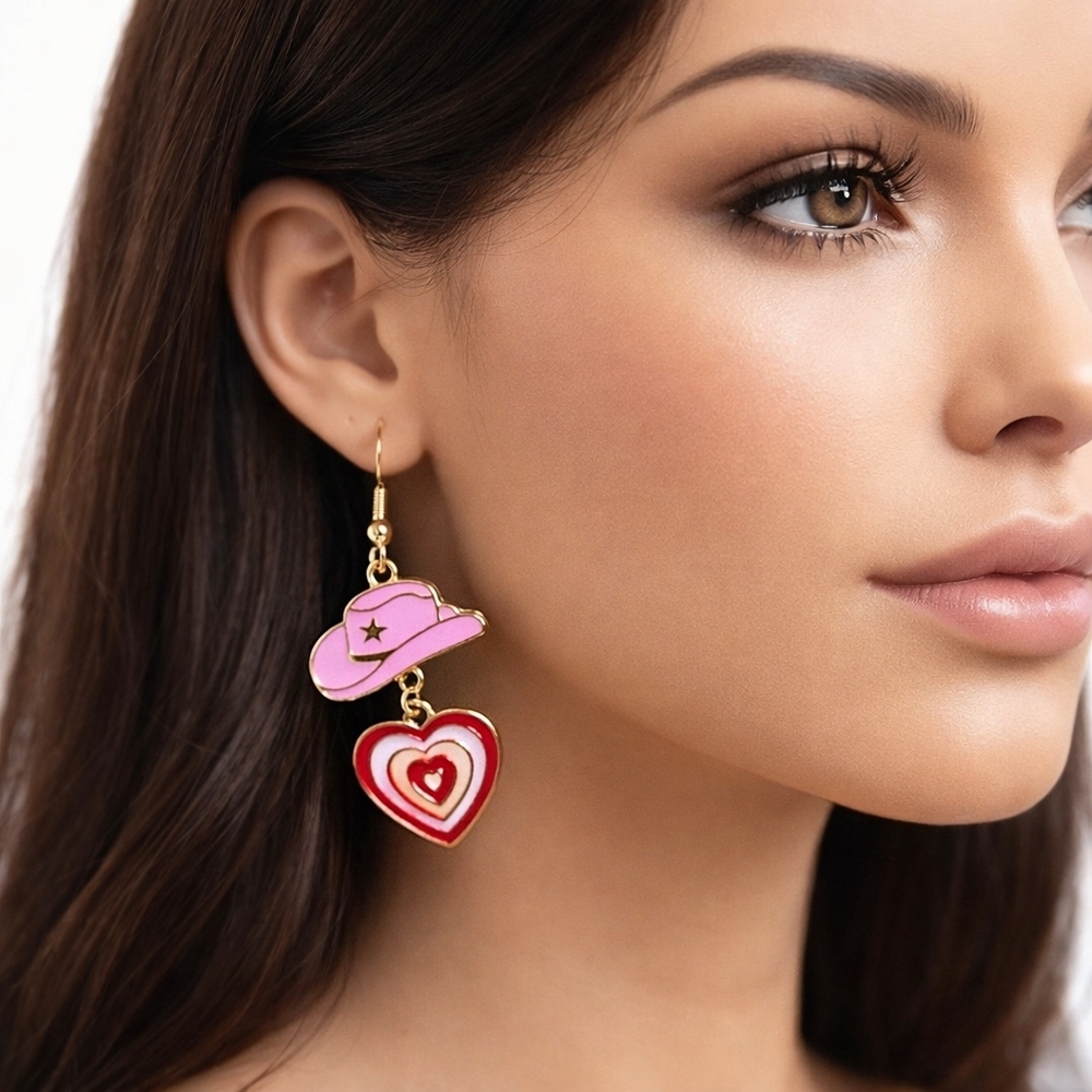 Elegant Trendy Pink Cowboy Hat & Heart Dangle Earrings - Western Fashion Jewelry